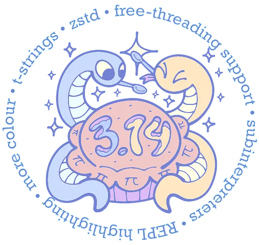 Two snakes enjoying a pie with 3.14 on the top and π crimping